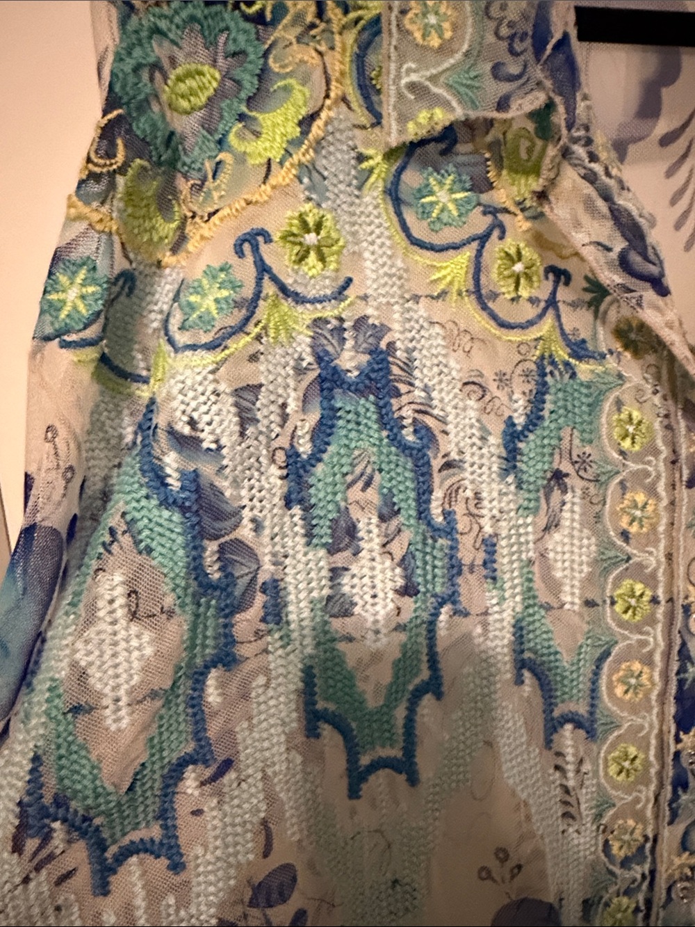 Johnny Was Sheer Blue Floral Embroidered Button-Down Shirt - Picture 7 of 10